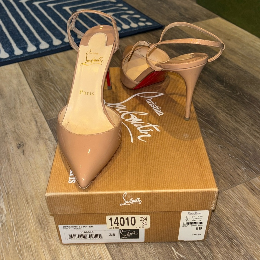 Christian Louboutin Rivierina 85mm Patent Leather Nude Slingback Heel AUTHENTIC